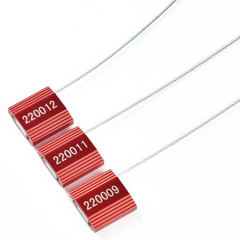 100 Heavy Duty Red Steel Cable Seals with numbered IDs for secure trucking and shipping applications.