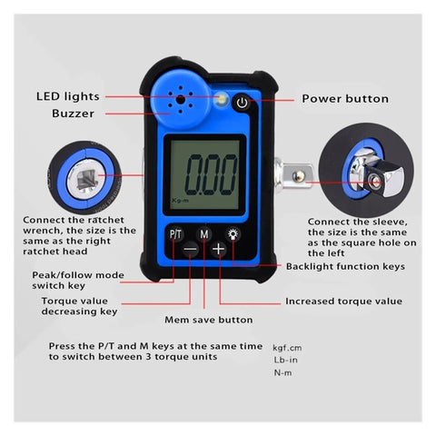 Digital Torque Meter Adapter For Ratchet Wrench With LCD Display showing buttons and connections, measures 6.8 To 340 Nm accurately.