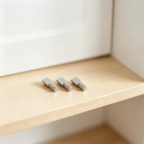 Close-up of 80 Pack 5mm Shelf Pegs Spoon Shape Iron Cabinet Pegs, Heavy Duty Nickel Plated Bracket on wooden shelf