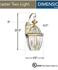 Lancaster Traditional Two Light Outdoor Wall Lantern In Polished Brass Finish, dimensions labeled, classic exterior lighting.