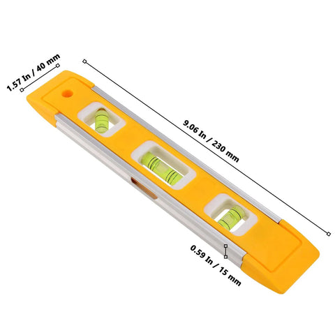 Heavy Duty 9 Inch Magnetic Torpedo Level, Dead On Accurate Aluminum Spirit Level with measurement details and level vials.