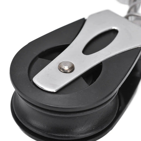 Close-up of Marine Grade Swivel Sheave Block Head 316 Stainless Steel And Nylon, Three Eighths Inch Wheel Width with nylon wheel