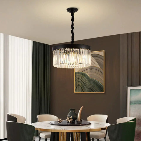 Black Crystal Chandelier Pendant Lighting, 2 Tier Modern Round Ceiling Fixture With Adjustable Height Chain over dining table