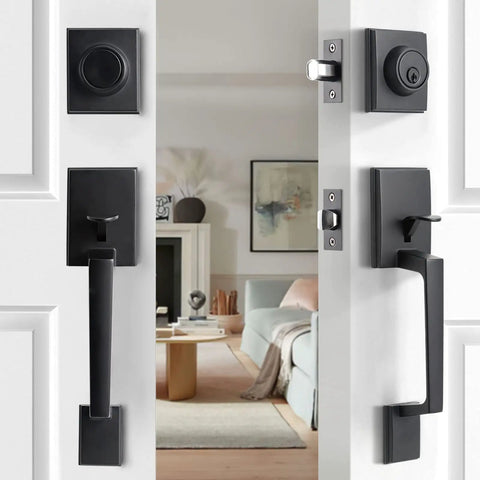 Matte Black Entry Door Lock Set With Deadbolt And Straight Handle, Easy Install Double Door Handleset For Front Doors