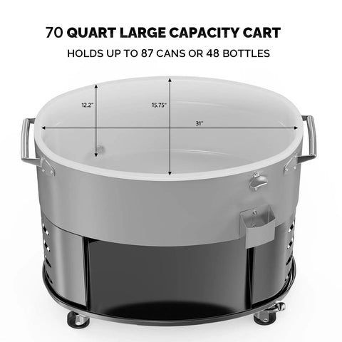 70-Quart Rolling Patio Cooler With Wheels Insulated Ice Chest For Outdoor Barbecues Pool Parties Camping And Beach Trips With Bottom Storage Tray And Bottle Opener Gray showing dimensions and can capacity.