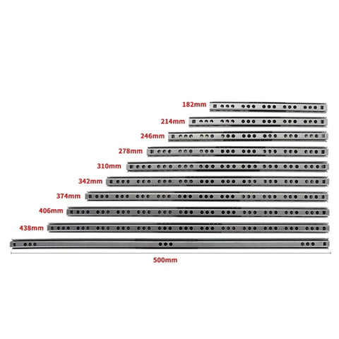 Various lengths of Solid Side Mount Ball Bearing Drawer Slides Two Pack Heavy Gauge Steel Cabinet Runners displayed prominently.