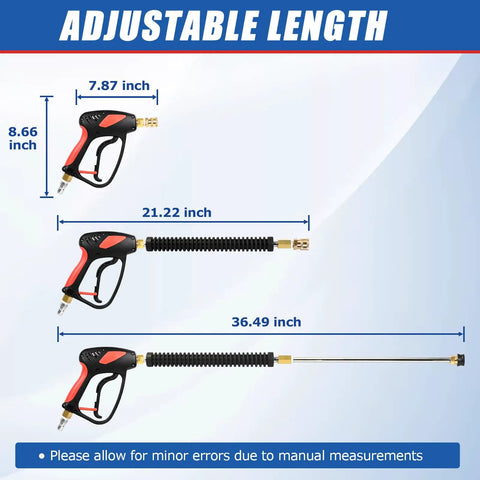 Swivel Power Washer Gun Kit with Extension Wand Adjustable Spray, showing three lengths: 7.87 in, 21.22 in, 36.49 in.