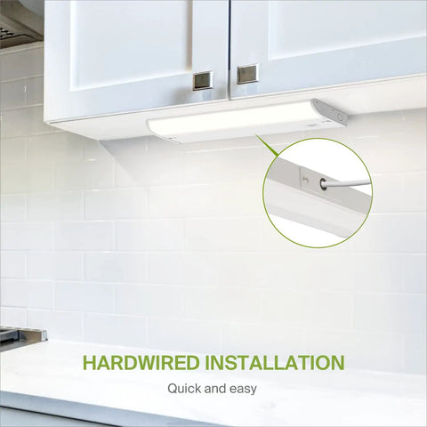 Under Cabinet Lighting 12 Inch 5W 325 Lumens Dimmable Hardwired Kitchen Light Fixture With Bullnose Edge installed under white cabinets.