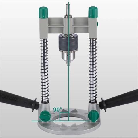 Pro Grade Drill Guide Stand For Woodworking with aluminum base and dual handles, showing vertical position and chuck