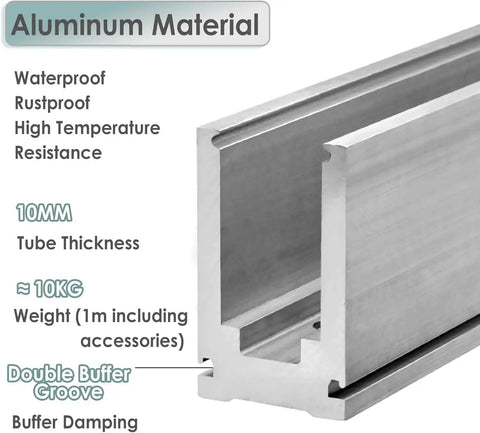 Top Shelf Frameless Glass Deck Railing System With Rock Solid Aluminum U Channel Base Track showing 10mm thick aluminum material close-up.