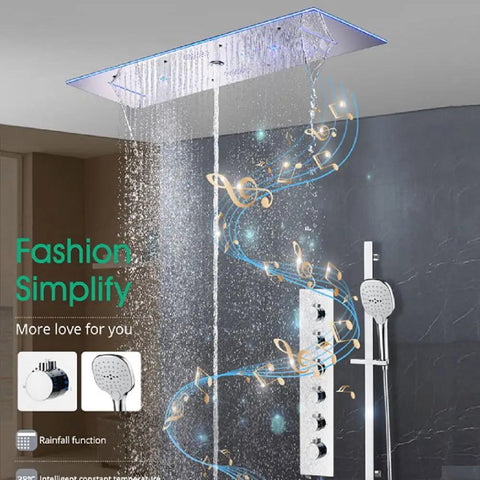 Next Level Bath Vibes 12 By 36 Inch Music Led Shower Panel With Antique Brass Finish featuring rainfall and waterfall modes.