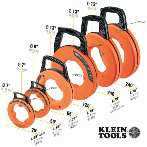 Various sizes of Klein Tools electrical fish tapes with handles, featuring the 50 Foot Electrical Fish Tape Pro Grade With Steel Wire Puller.