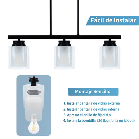 Industrial Kitchen Island Pendant Light With Three Lights Modern Double Glass Shades and installation guide in Spanish