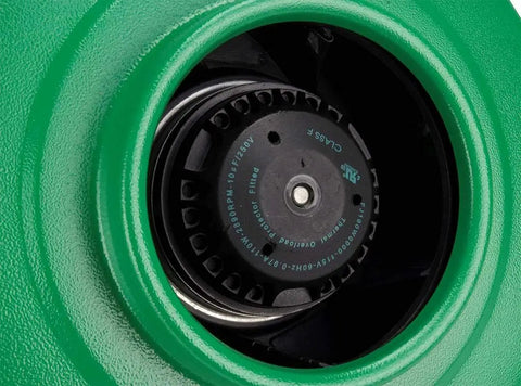 Close-up of Active Air 720 CFM Inline Fan 8 Inch with eco-friendly green casing, highlighting fan blade details.