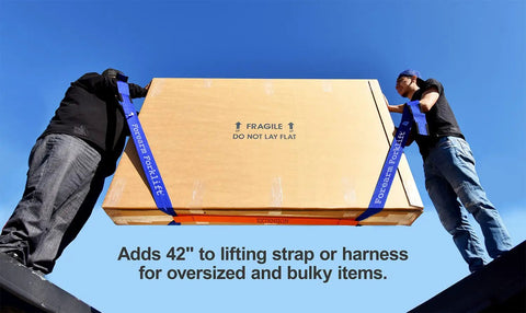 Two men using Heavy Duty Moving Strap Extension Built For Extra Long Furniture And Appliance Hauls Rated For Up To 800 Lbs to lift a large box.