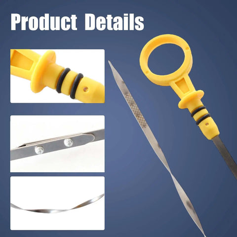 Engine Oil Dipstick Replacement For 2008-2014 GM Rides with yellow handle and measuring marks shown in detail
