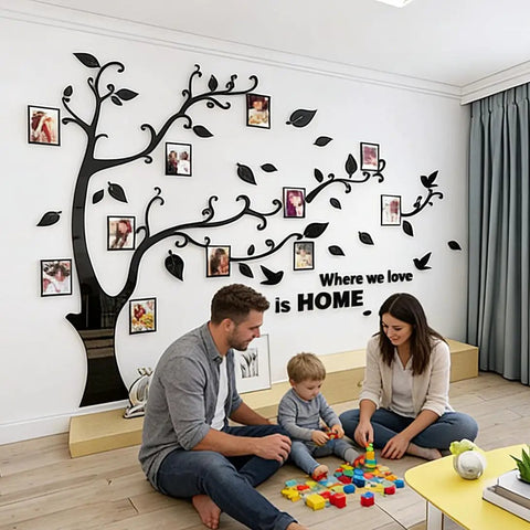 Tree Wall Decals For Living Room And Bedroom, 3D DIY Photo Frame Tree Mural with family, Black Right Orientation, Wall Decor