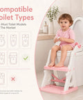 Kid Approved 2 In 1 Potty Training Seat And Step Stool For Toddlers, pink potty seat with step stool, toddler using on toilet.
