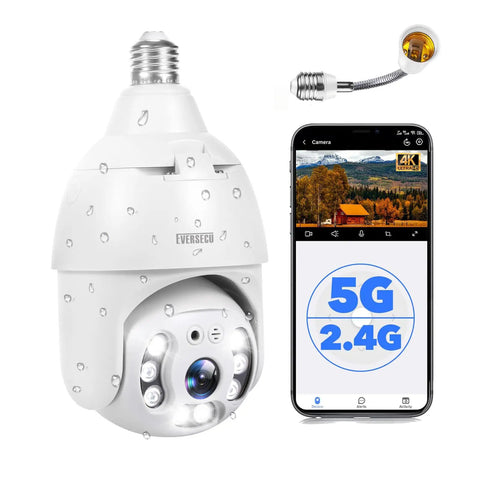 2K 4MP Light Bulb Security Camera With 360 Degree Dome beside smartphone app display