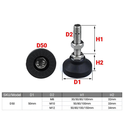Universal Adjustable Lathe Leveling Feet D50 For Precision Machinery M8 M10 M12 Screw Legs detail diagram