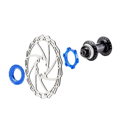 Lightweight Aluminum Center Lock Tool Adapter for bicycles disc brakes with rotor, hub, and adapter components visible