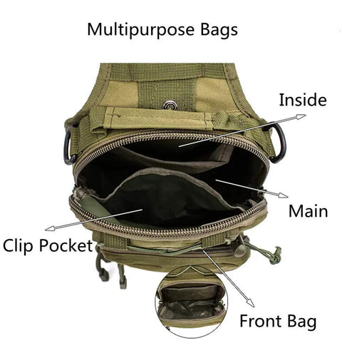 Interior view of Compact Tactical Outdoor Backpack with 3-way carry, showing inside compartments and clip pocket, green color.