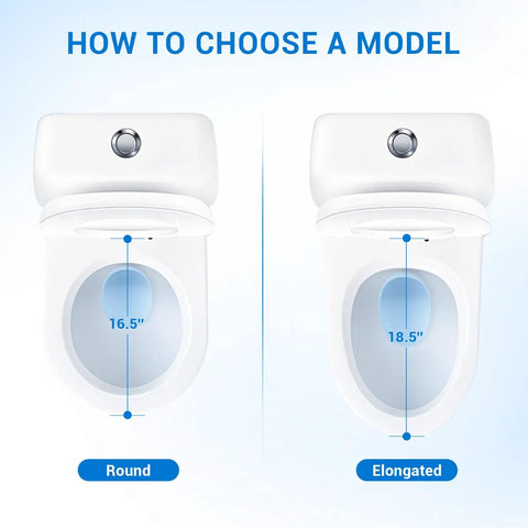 Comparison of round and elongated toilet bowl sizes, displaying 16.5" and 18.5" measurements for choosing the right fit.