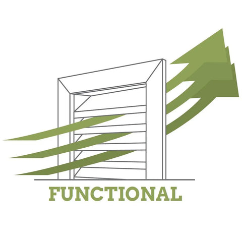 Illustration of a functional Round Gable Vent With Keystones, Lightweight Urethane Exterior Vent, showing airflow through vent slats.