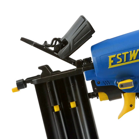 Pro Grade Pneumatic Brad Nailer Built Tough For Zero Stress Finish Work And Trim Install with adjustable belt hook detail.