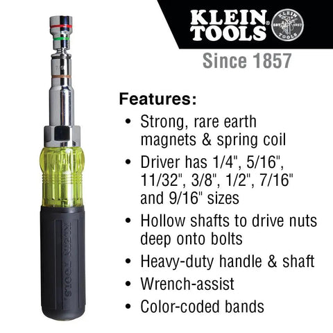 Magnetic 7 In 1 Nut Driver With Cushy Grip One Hand Drive Seven Sizes In One Tool SAE Hex Sizes One Quarter To Nine Sixteenths Inch