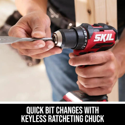 Person using Power Core 20 Brushless Cordless Drill Driver Kit With Half Inch Single Sleeve Keyless Ratcheting Chuck And LED Work Light