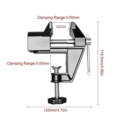 Cool Mini Table Vise With Adjustable Clamp Jaw For Secure Carving Woodworking And Detail Assembly Projects At Home Or Work, showing clamping range details.