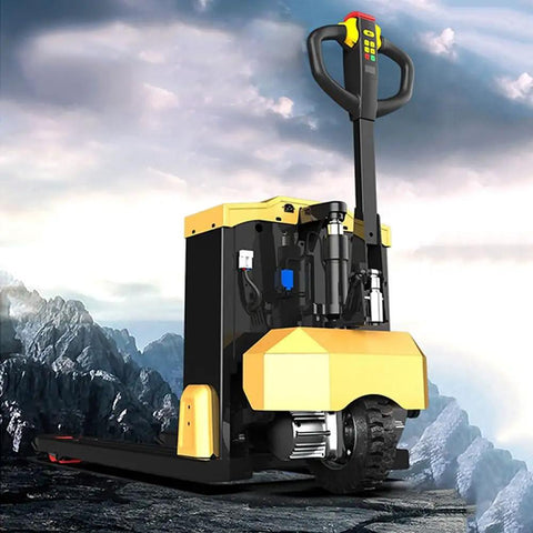 Hefty 6600 Lb Manual Pallet Jack Truck With Lithium Battery Power For Heavy Duty Warehouse Jobs showing rear view on rocky terrain.