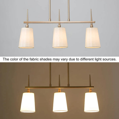 Gold Farmhouse Linear Pendant Light for Dining Room and Kitchen Island, 3 Light Modern Chandelier with White Linen Fabric Shades