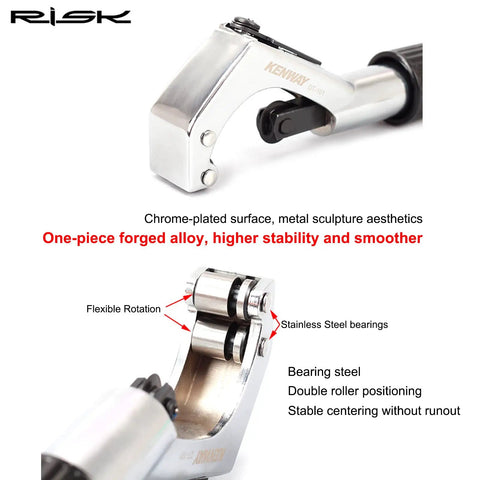Bike Tube Cutter Kit For Fork Steerer, Seat Post And Handlebar Tubes with chrome-plated alloy, close-up of cutter wheels.