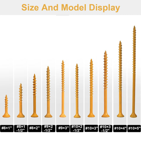 Size and model display of tan epoxy deck screws, including Tan Epoxy Deck Screws 1-1/2 Inch #8 200 Pack Rust Resistant Outdoor Timber Fasteners.