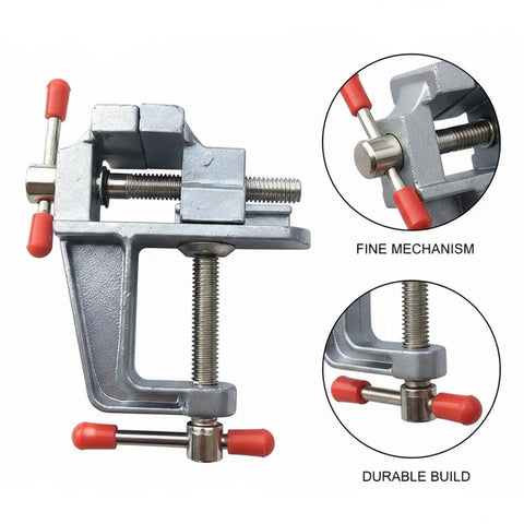 Rock Solid Portable Aluminum Bench Vise for Small Parts Desktop Clamp for Drilling and Filing Hands Free Stability to Lock Tiny Pieces in Place Handy Compact Vise Clamp for Precise Work, mini aluminum vise with red handles