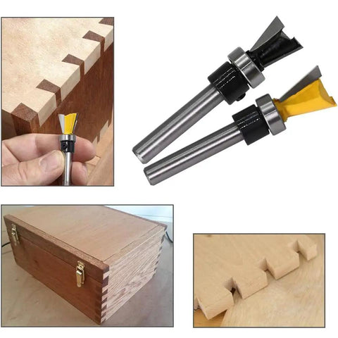 Two Pack Dovetail Router Bits 1 Quarter Inch Shank With Bearing For Woodworking Cutter Set shown with dovetail joint box