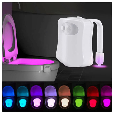 Two Pack Motion Activated LED Toilet Light With Eight Color Options showing pink glow and product design