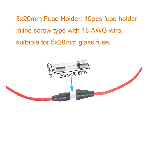 Inline Fuse Holder Kit With Ten 18 AWG Screw Type Fuse Holders And One Hundred Fifty Quick Blow 250V Fuses In Multiple Ratings From 0.1A To 15A For Auto And Electronics DIY Projects, showing single holder with red wires and glass fuse