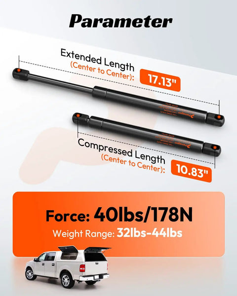 Bulletproof Gas Strut Lift Support For Pickup Truck Toppers And Camper Shells, showing extended 17.13" and compressed 10.83" measurements.
