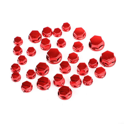 Red ABS Hex Socket Screw Cover Kit For Motorcycle Fairings And Frames, 30 Piece Assorted Set In M8 M10 M14 Sizes, high-gloss red caps