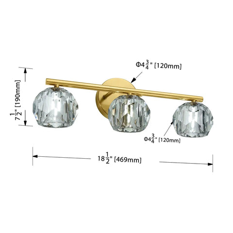 Three Light Gold Brass Vanity Light Fixture With Clear K9 Crystal Glass dimensions view