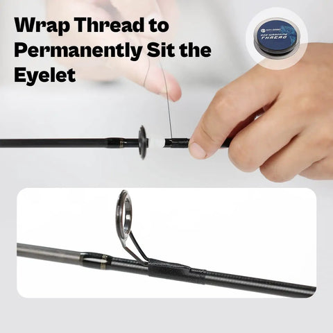 Close-up of Fishing Rod Repair Kit With Epoxy Glue Wrapping Thread Clipper And Masking Tape in use for eyelet repair.