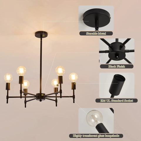 Six Light Sputnik Ceiling Fixture In Matte Black Industrial Farmhouse Vibe Modern Semi Flush Mount Pendant Light details