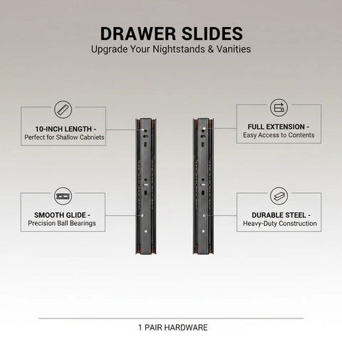10 Inch Full Extension Ball Bearing Drawer Slides For Nightstands And Vanities, shown with annotations on features like smooth glide, durable steel.