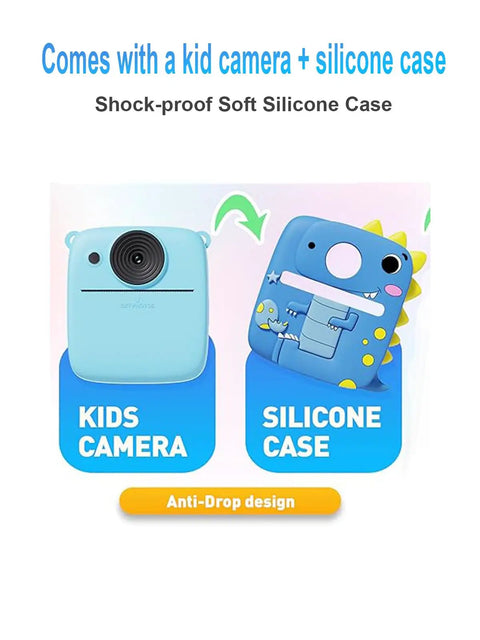 Kids Camera With Dinosaur Silicone Case 1080P Toddler Digital Camera For Boys And Girls Ages 3 To 8 With Instant Photo Printing And 3 Roll Print Paper Blue Fun Toy, anti-drop silicone case