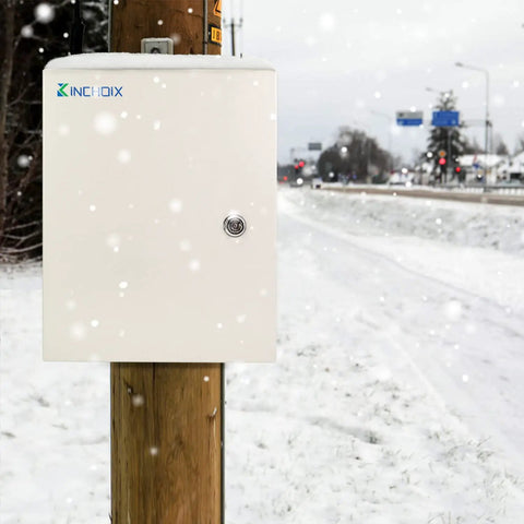 Tough As Nails Outdoor Electrical Box 12 By 10 By 6 Inch NEMA 4X Waterproof Steel Enclosure Lockable Junction Box mounted on pole in snow