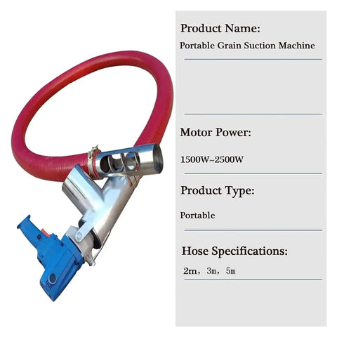 Portable Pumping Machine With Suction Auger Screw Conveyor For Cement, Grain, Fertilizer, Gravel, And Fine Powder Dual Reinforcement Hoop Design For Easy Caliber Adjustment And Secure Hose Fit shown with hose and specifications