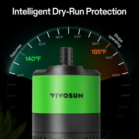 VIVOSUN submersible water pump, green body with black base, front view; suitable for aquariums and fountains.